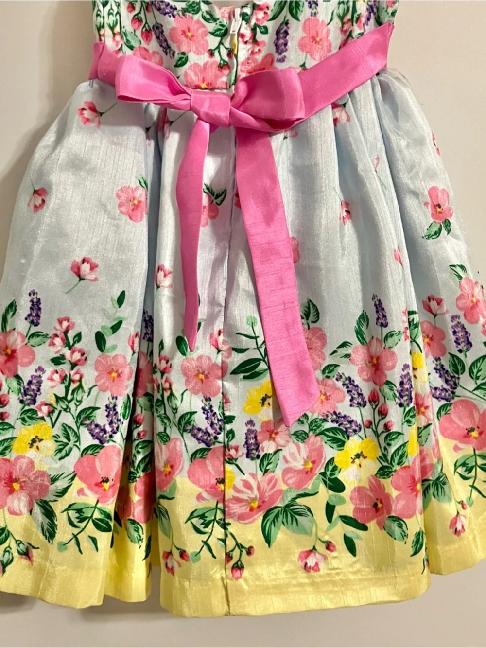 Nanette Kids Girls Sz 3T Yellow Floral Shantung Dress Pink Sash Tie Heart Cutout